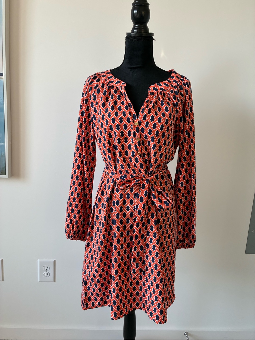 Mud Pie Orange and Navy Geo Print Button-Front Tie-Waist Midi Dress
